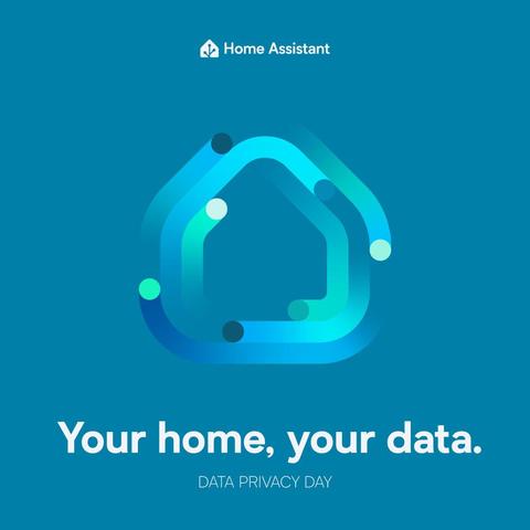 A simple blue graphic created by our Graphic Artist, Clelia Rella. In the center is the Home Assistant house shape being formed by 3 layers of "moving" lines, each a slightly different color of blue and blue/green matching our brand. Under the house graphic in white text it says "Your home, your data. DATA PRIVACY DAY". Above the house graphic is the Home Assistant logo and name in white.