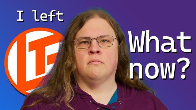 A video thumbnail of a host (Emily Young) against a blue-purple gradient background. The host has glasses and is wearing a teal shirt underneath a purple hoodie, with a blank expression. On the left side are the words "I left" with the Linus Tech Tips logo beneath it. To the right are the words "What now?"