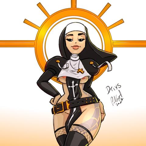 Digital painting of sexy nun. Habit, belt, stockings, thighs visible. Gold metallic halo behind head