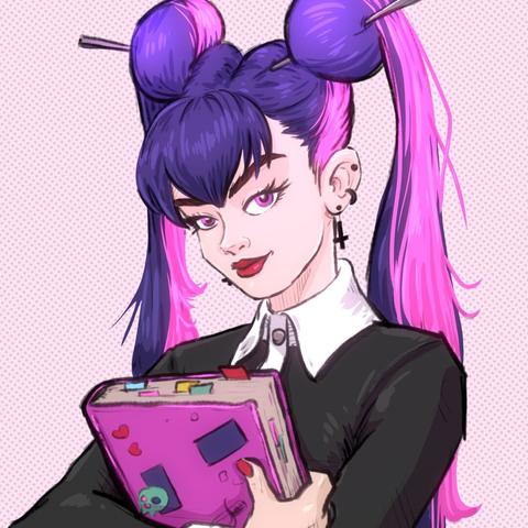 Head and shoulders portrait of female with purple and pink hair tied in buns with long tails. High white collar, black tie and jacket, holding onto pink book covered in stickers.