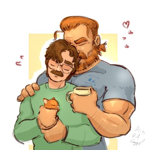 Digital painting of a couple - male in front is holding a cat, wearing a green jumper. Male behind has red hair and beard, hand on partner's shoulder, wearing a blue tee shirt and holding a coffee.