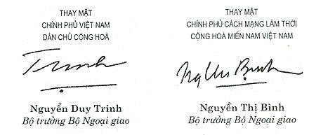 Signature of Madame Bình on her capacity as Foreign Minister of the Provisional Revolutionary Government of the Republic of South Vietnam in a diplomatic document co-signed by Nguyễn Duy Trinh, her counterpart from the Democratic Republic of Vietnam (North Vietnam)