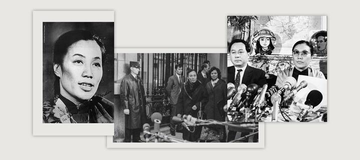 3 black-and-white photographs set against a light beige background. The left image presents a close-up of Madame Binh in traditional clothing with soft lighting emphasizing her features. The center photograph features a group of three people, with Binh & a female comrade, prominently displayed; they are positioned outside a building with decorative architecture. The right image shows Binh speaking at a press conference, surrounded by multiple microphones, with additional artistic elements and a map of Vietnam visible in the background.