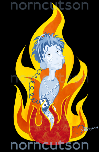 Joan of Arc, portrayed in vintage blue, looking heavenward as her WALKMAN™ starts to melt.
She is in burlap, wrapped in chains, wearing headphones.
The flames are yellow, orange and red.
On a black background.

My signature is in the lower right, in vintage blue tones.