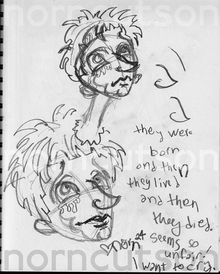 NOTE: "they were
born
and then
they lived
and then
they died.
Seems so unfair!
I want to cry."

Detailed sketch of the face, trying to get that Roman nose. Joan now has tears flowing from their eyes.

My signature is in the lower right.