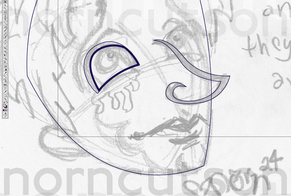 I just couldn't wait to draw that Roman nose.....

Beginning to build shapes in Illustrator over a locked-down layer of pencil sketch, close up of the face, focusing on the nose.

My signature in lower right.