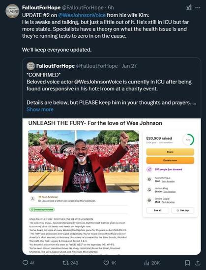 Screenshot of a Twitter post made by FalloutForHope, with an update on Wes Johnson.