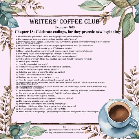 Writers's coffee club prompts for February. A text list can be found on my blog.