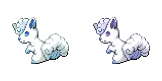 Two copies of an edit of one of the pokemon platinum vulpix sprites depicting alolan vulpix, a regional form that is a white arctic fox  with six fluffy tails that merge into a cloud-like mass and curly hair on its head. The left copy uses the white and pale blue regular palette, while the right copy uses the purple shiny palette. It is sitting with its back to the viewer, looking to its left over its shoulder, one fore paw raised and a serious expression on its face.