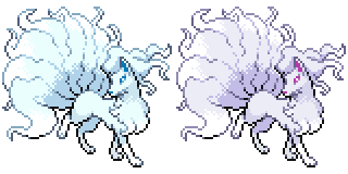 Two copies of an edit of one of the pokemon platinum ninetales sprites depicting alolan ninetails, a regional form that is a tall, elegant fox with nine fluffy tails that merge into a cloud-like mass, a fluffy, curling mane and wispy hair. The left copy uses the pale blue and white regular palette, while the right copy uses the pale purple and white shiny palette. It is standing as though walking, one back foot raised, facing the right and glancing to the left.