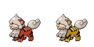 Two copies of a spliced edit of growlithe sprites from pokemon platinum and heartgold/soulsilver depicting hisuian growlithe, a regional form that is a short, chubby puppy with a short muzzle, bold black tiger stripes, and a curling mane and tail that appear to be carved from rock. The left copy uses the orange-red, cream and pale grey regular palette, while the right uses the yellow, cream and grey shiny palette. It is standing straight on all four legs, facing the viewer's right.