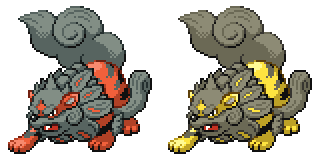 Two copies of an edit of one of the pokemon platinum arcanine sprites, a large canine pokemon with a short muzzle, a mane made of petal-like sheets of rock, wing-like formations on its wrists, and curling, carved rock-like formations for its tail and hind leg fur tufts. The left copy uses the red-orange and grey regular palette, while the right uses the yellow and yellow-grey shiny palette. It is facing the viewer's right, crouched as though ready to lunge with one fore paw stretched forward and its tail curled around behind it, mouth open in a snarl.