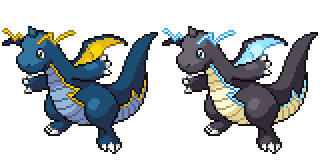 Two copies of an edit of one of the pokemon platinum dragonite sprites, depicting a deep blue, chubby dragon-like pokemon with a paler blue underbelly, bright yellow wing membranes, lightning-shaped antennae and bold, lighting bolt shaped stripe running along its side from throat to tail-top, separating the dark blue scales from the paler blue scutes. The second copy depicts the same pokemon, with purple-tinted black scales, a pale yellow underbelly, and electric blue wing membranes, antennae and side stripes. It is standing and leaning forward as it faces the right, wings and tail stretched out behind it as it looks curiously towards an unseen viewer.