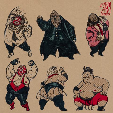 chibi drawings of Mick Foley as Mankind, Viscera in the Ministry of Darkness, Mark Henry in his pink retirement suit, Vader in his red onesie, Rikishi in his thong, and Yokozuna in his red leggings.