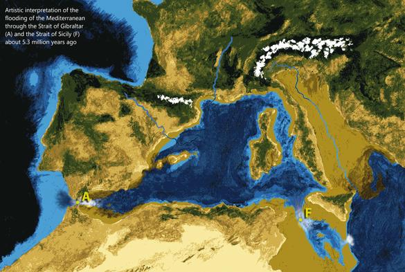 image - artistic interpretation of the flooding of the Mediterranean through the Strait of Gibraltar (A) and the Strait of Sicily (F) about 5.3 million years ago