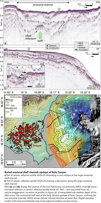 seismic profiles and map - Buried erosional shelf channels upslope of Noto Canyon