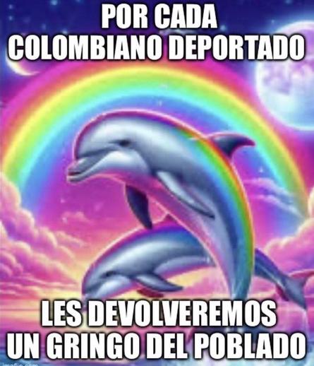 Delfines con un arcoiris. El texto dice:

"Por cada Colombiado deportado, les devolveremos un gringo del Poblado."