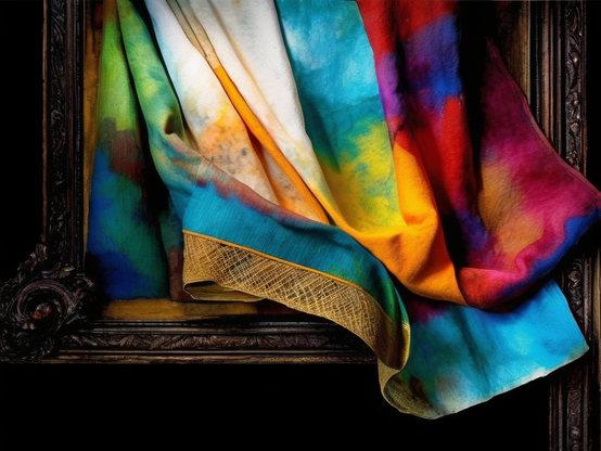 An ornate carved wooden frame, with folds of vibrant multicolored imaginary fabric, with abstract painted colors, gold accents, and rich textures, escaping from its borders.