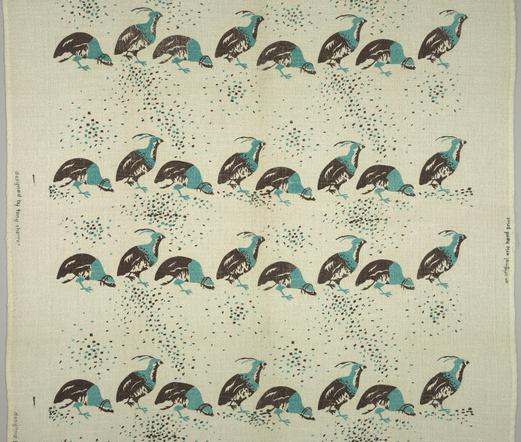 cotton textile piece, sand colored base with repeating rows of brown and turquoise California Quail (8 per row, 4 rows on this piece) with scattered dots of the same colors resembling seeds/grain