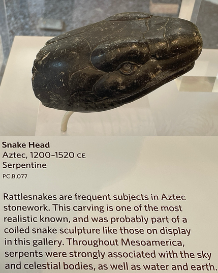 photo of sculpture mounted on display at museums - carved snake head with label: “Rattlesnakes are frequent subjects in Aztec stonework. This carving is one of the most realistic known, and was probably part of a coiled snake sculpture like those on display in this gallery. Throughout Mesoamerica, serpents were strongly associated with the sky and celestial bodies, as well as water and earth.”