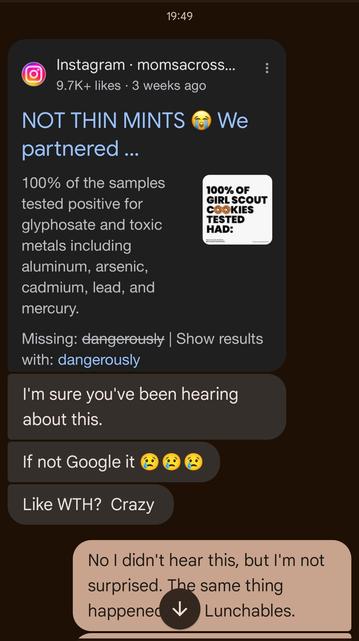 An MMS with a screenshot of a Google search result of an Instagram post from a Moms Across America account with a description claiming that Girl Scout cookies samples tested positive for glyphosate and heavy metals contamination.