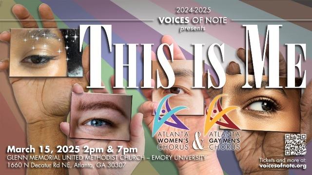 Concert poster titled "This is Me", illustrated with four hands of different skin complexion, each holding a card showing a human eye.