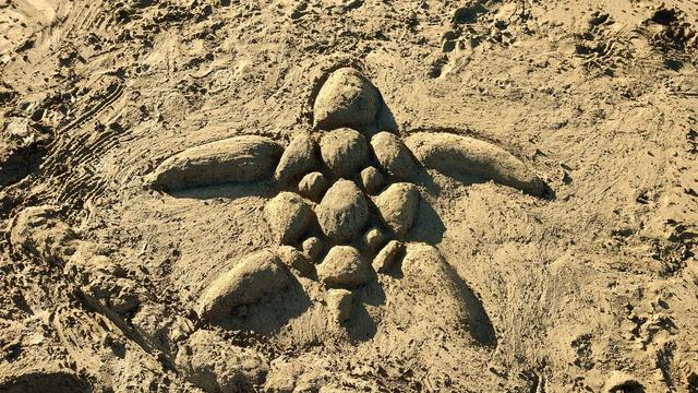 Imagen de una tortuga estilizada hecha con arena. El relieve de las formas genera sombras y texturas que aumentan el contraste de la imagen.
El color predominante es el dorado ocre.