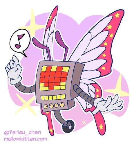 Mettaton in box form as a fairy in a pastel purple background with sparkles