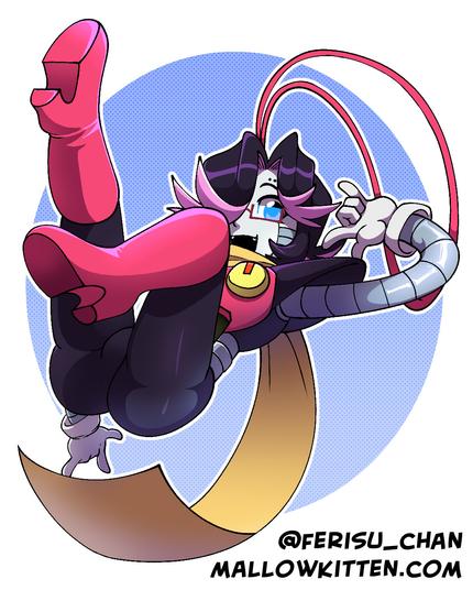 Sexy pin up of Keychain Mettaton against a blue and white background
