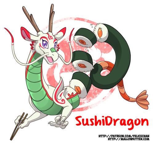 A white and green dragon made out of Sushi????? floats against a white background with a red stamp. seriously what the fuckis this shhit