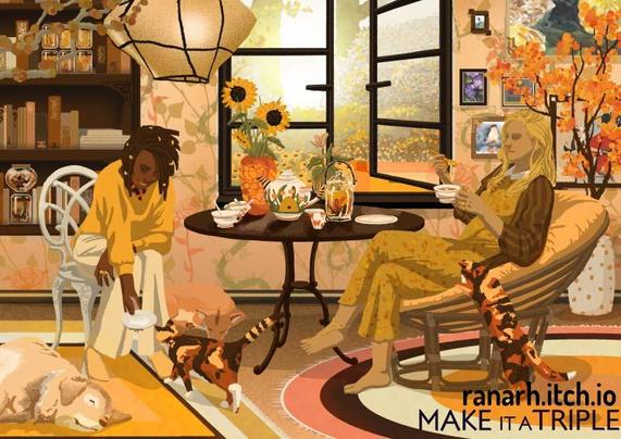 A hidden objects game background of a cosy living room teatable, all in warm, summery yellows.