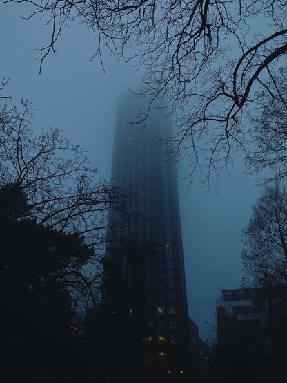 A high rise building, an early foggy morning at Carlsbergbyen, Copenhagen. 

Dark and towering up in the fog.