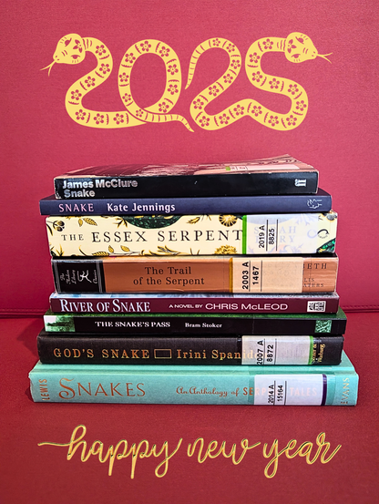 A stack of books with "snake" or "serpent" in the title, in front of a red background. Above the bookstack, 2 yellow snakes forms the number 2025, whereas below is the greeting "happy new year" in yellow-gold letters