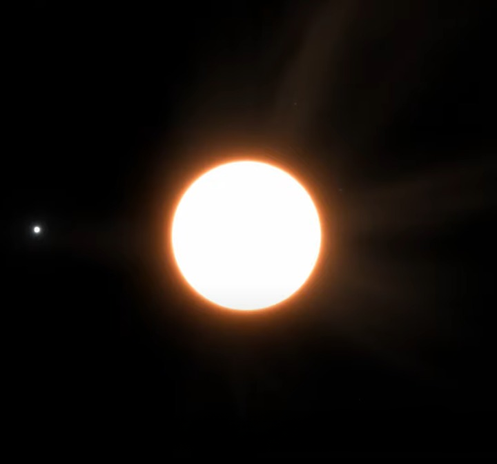 Estrella del sistema alrededor del cual orbita el planeta, que aparece a la izquierda de la imagen sobre fondo negro