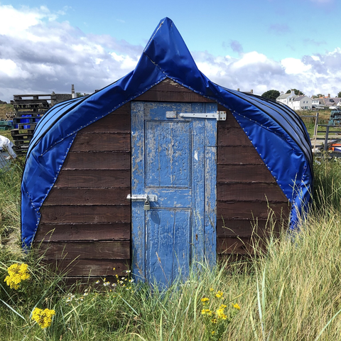 Front on view of a wooden shed made out of a clinker-built wooden ship, cut in half and upturned with the keel towards the blue summer sky. We are looking end on at the wider end where a boarded wall closes off the cut half to make a shed, with a recycled blue wooden door with flaking paint is the entrance, firmly locked with modern shiny silver steel bolts. Stands in a grassy field with bright yellow wildflowers at its base. Photo: Copyright Coralie Mills 2023