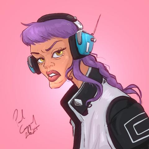 Head and shoulders portrait of woman with purple hair wearing blue headphones, a white jacket with black sleeves on pink background
