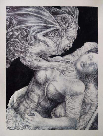 Grotesque vampire attack a sleepy women