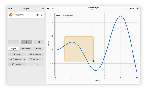 A screenshot of version 1.8.4 of Graphs, showing support for accent colours using a yellow rubber-band selection over the canvas.