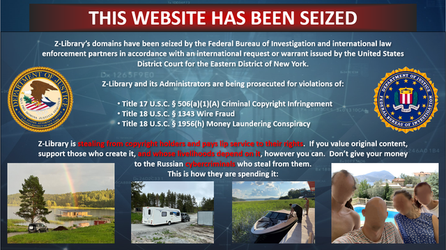 A bullshit "Website Seized" banner from the FBI, with some weird-ass propaganda showing photos of a camping trailer, a house with a rainbow and a selfie saying that you are giving your money to the russian cybercriminals and this is how they are spending it. Wow, so lavish...jfc