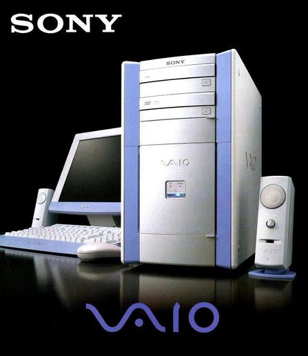 A vintage advertisement for a Sony VAIO desktop computer. The image features a silver and blue computer tower with the Sony and VAIO logos, a matching monitor, keyboard, mouse, and speakers. The background is black, making the computer components stand out. The Sony logo is prominently displayed at the top left corner, and the VAIO logo is at the bottom center. The computer tower has two optical drives and a power button with an indicator light