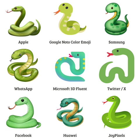 Snake emoji designs from Apple, Google, Samsung, WhatsApp, Microsoft, X (Twitter), Facebook, Huawei, and JoyPixels.