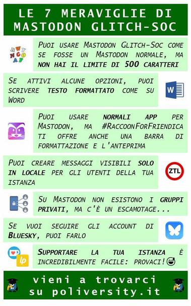 Le sette meraviglie di Mastodon glitch-soc

Puoi usare Mastodon Glitch Soc come se fosse un mastodon normale, ma non hai il limite di 500 caratteri
 
Se attivi alcune opzioni, puoi scrivere testo formattato come su Word

Puoi usare le normali app per mastodon, ma RaccoonForFriendica ti offre anche una barra di formattazione e l'anteprima

Puoi creare messaggi visibili solo per gli utenti della tua istanza

Su mastodon non esistono i gruppi privati, ma c'è un escamotage... 

Se vuoi seguire gli account di Bluesky, puoi farlo

Supportare finanziariamente la tua istanza è incredibilmente facile