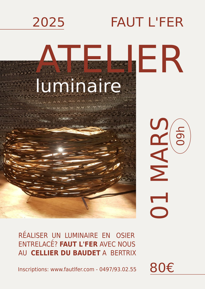 Affiche pour un atelier en vannerie aléatoire où vous pourrez réaliser un luminaire à poser ou à utiliser en applique murale.