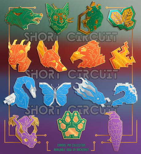 Image that reads "SHORT CIRCUIT" between lines of enamel pin designs. Featured here are photos of real pin samples for green PCB pins: a snarling wolf (Byte), cat (Circat), mouse/rat (Nibble), and leaves (Leaf). Next are designs for orange PCB pins: a goat (Hex), fox (Mozzy), eagle (Cloud), and flame (Firewall). In the third row are designs for blue PCB pins, a swan (Torrent), butterfly (Zip), vampire squid (Array), and wave (DDoS). Last but certainly not least are the two currently revealed designs for purple PCB pins, Python (snake-dragon) and Malware (Raven), along with the bonus green PCB design Pause (paw print). Text at the bottom reads, "Enamel Pin Collection Available Now on Backerkit".