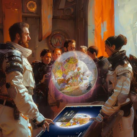 Two Astronauts inspect a hologram of the Earth