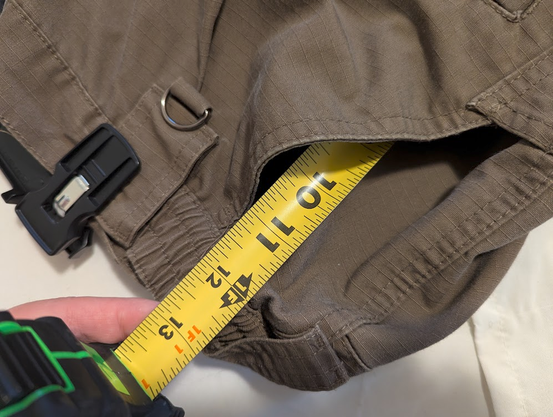 My old CQR pants. I have a tape measure in the pocket showing it going to over 11 inches.