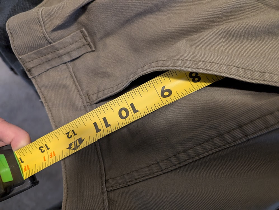 My latest pants. I have a tape measure in the pocket, showing it going about 11 inches.