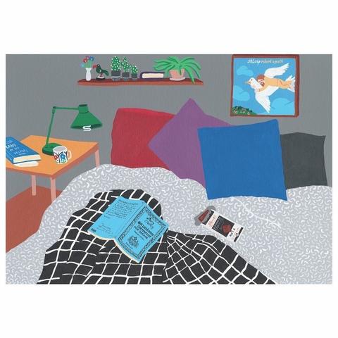 Peinture acrylique représentant une chambre et plus particulièrement un lit sur lequel est ouvert un livre de Mary Shelley et posé une tablette de chocolat. Sur le mur un tableau représentant la pochette de l'album de Robert Wyatt 'Shleep'.