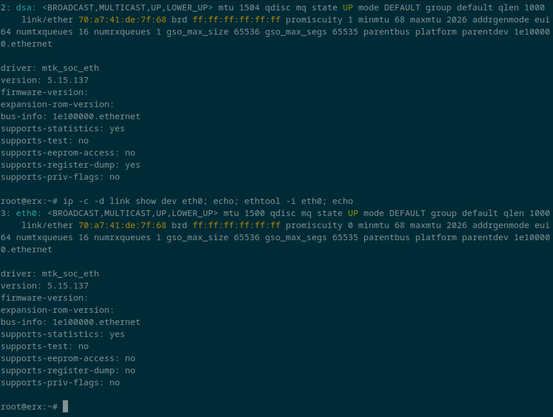 Screenshot of `ip -c -d link show dev …` and `ethtool -i …` for the interfaces dsa and eth0. The output, except for the configured MTU, is the same.