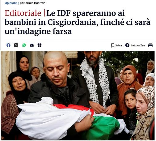 Il funerale della piccola Laila Al-Khatib, di 2 anni, uccisa durante un raid israeliano, nei pressi di Jenin in Cisgiordania domenica.
Crediti: Raneen Sawafta/Reuters